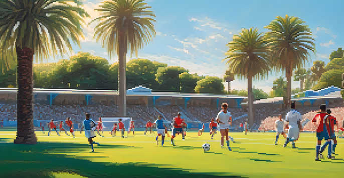 A diverse group of athletes playing soccer on a sunny day in San Jose, with palm trees and clear blue skies in the background.