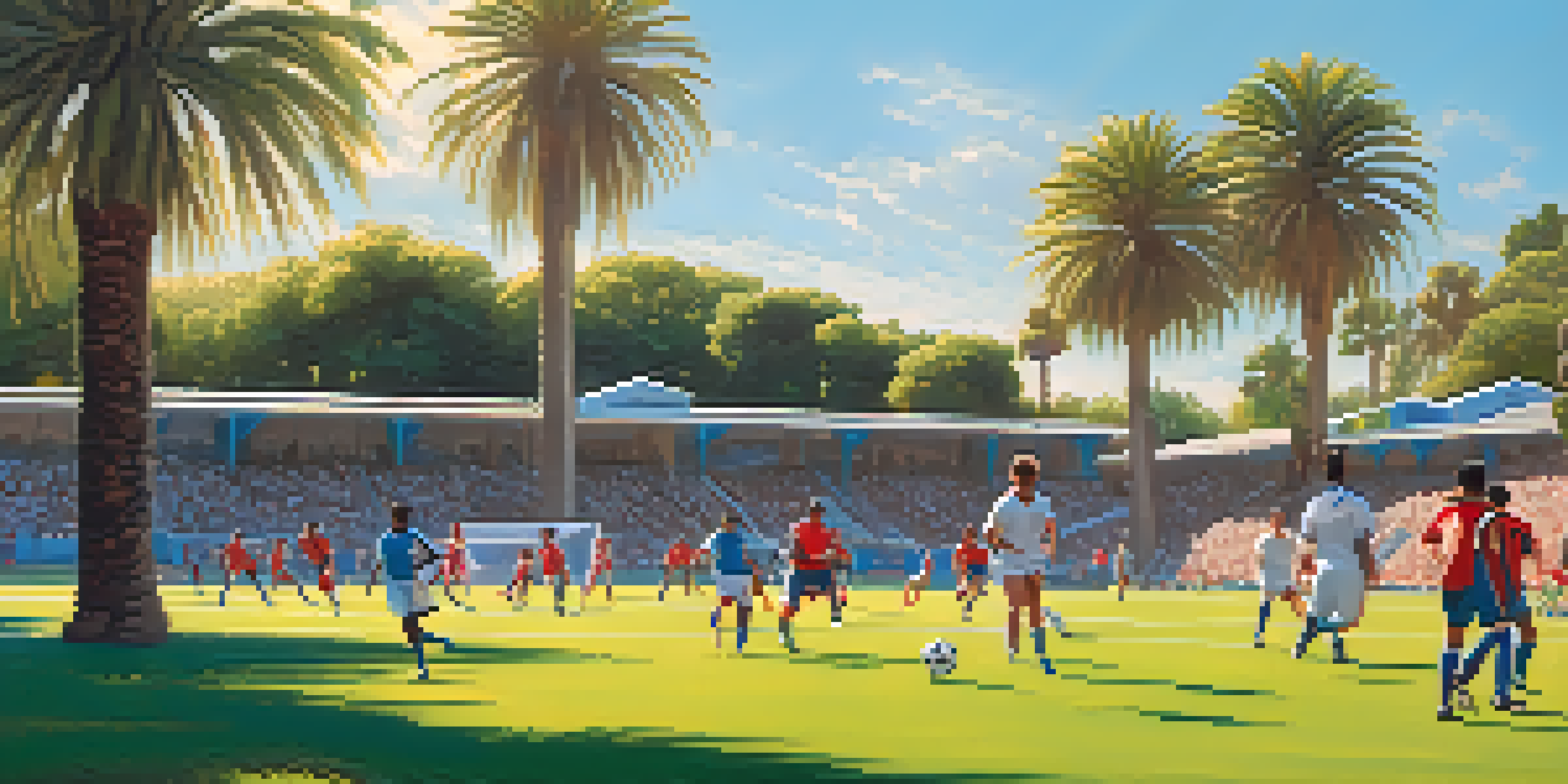 A diverse group of athletes playing soccer on a sunny day in San Jose, with palm trees and clear blue skies in the background.