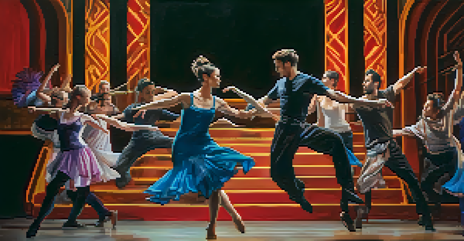 A theater scene with dancers, musicians, and colorful visual projections, representing a blend of different art forms.