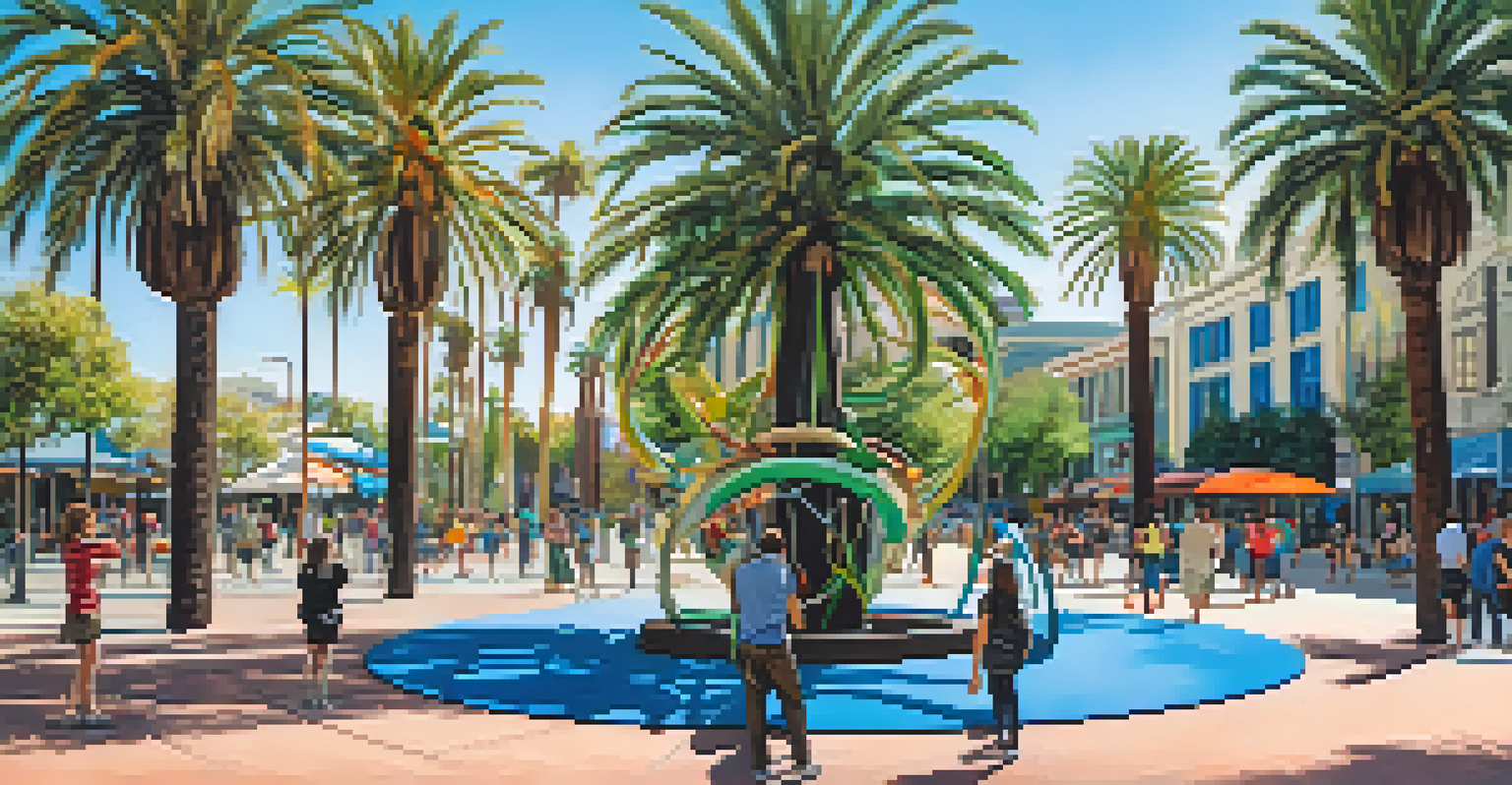 An interactive public art installation with palm trees and sculptures in a San Jose square, with visitors interacting.