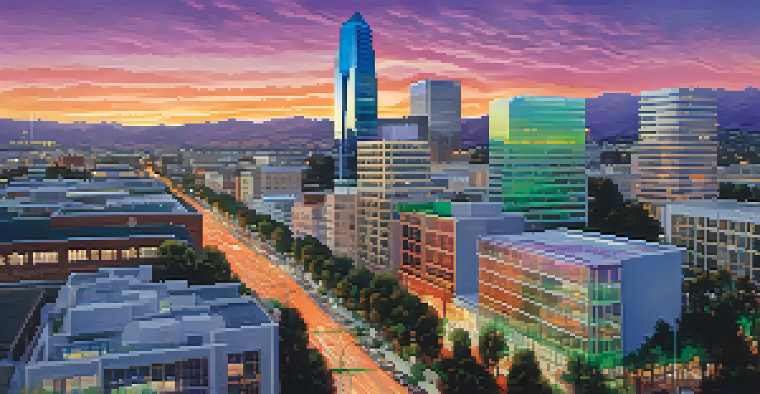 Aerial view of San Jose's skyline at sunset with modern skyscrapers and illuminated tech startup logos.