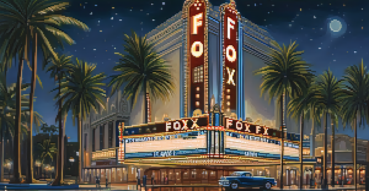 The illuminated marquee of the Fox Theatre at night, framed by palm trees and a starry sky, showcasing its elegant architecture.