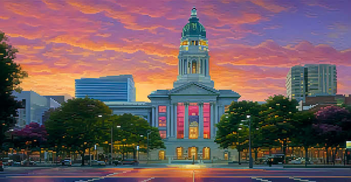 A colorful sunset over the San Jose skyline with City Hall in the foreground, featuring people and trees in a lively street.
