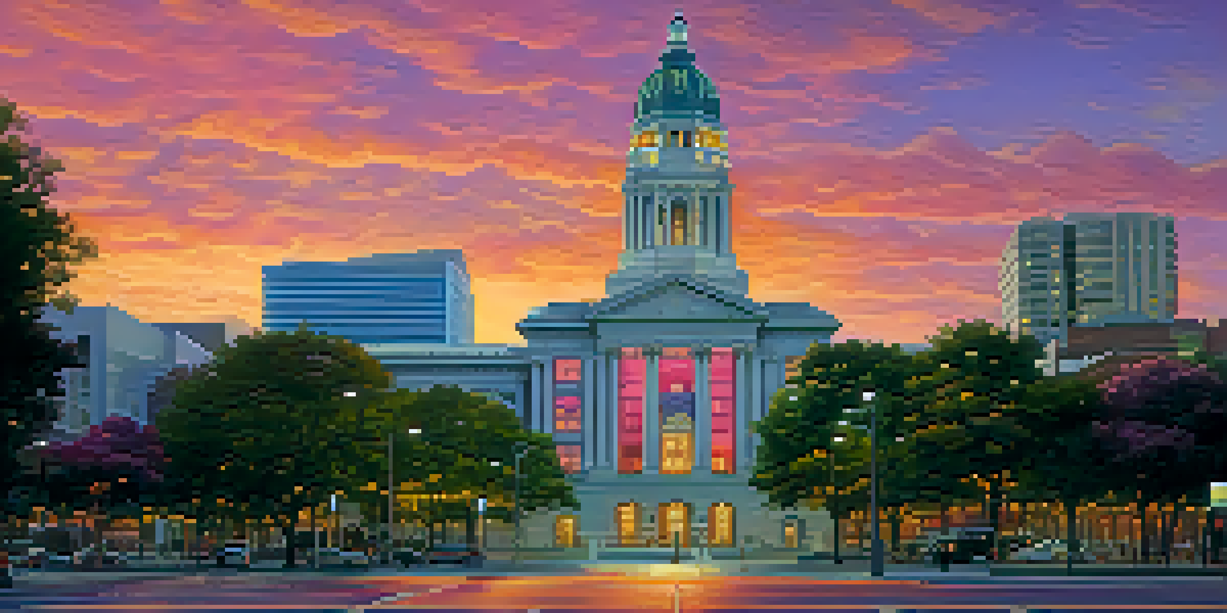 A colorful sunset over the San Jose skyline with City Hall in the foreground, featuring people and trees in a lively street.