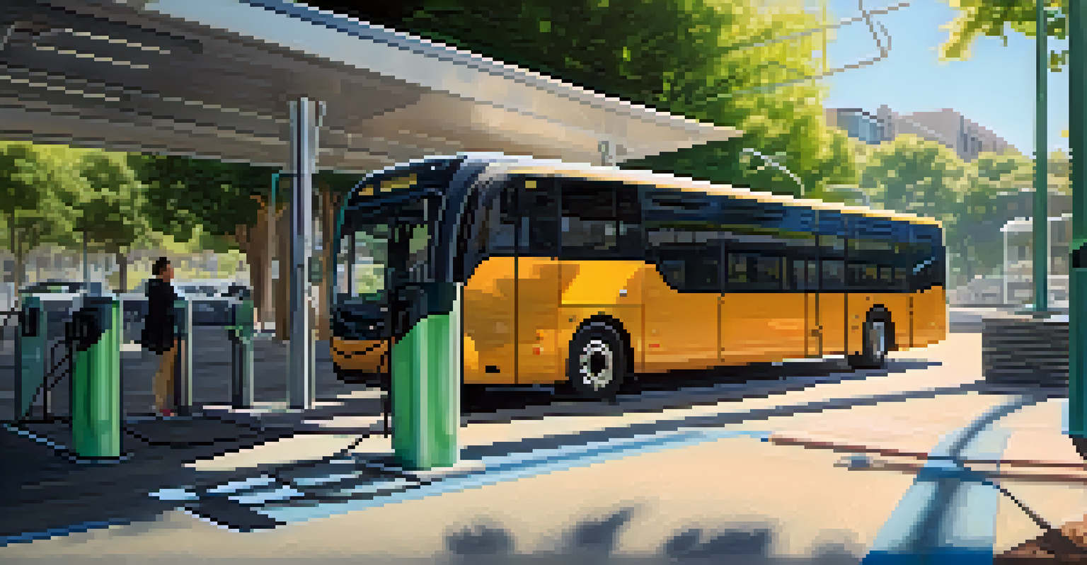 A close-up of an electric bus charging at a station with greenery around.