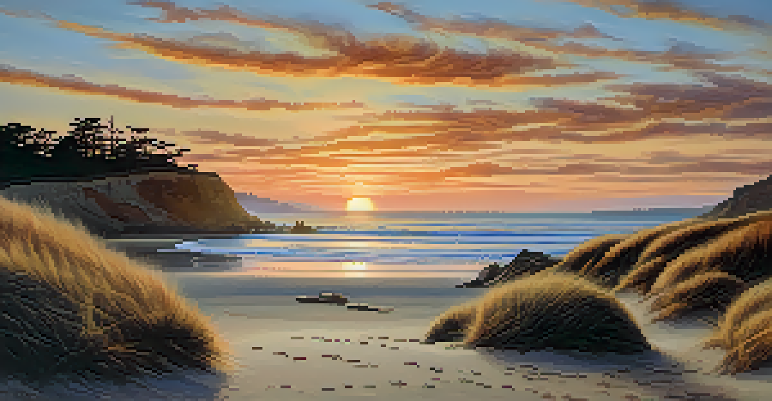 A sunset view at Año Nuevo State Park featuring a beach with elephant seals and colorful sky.