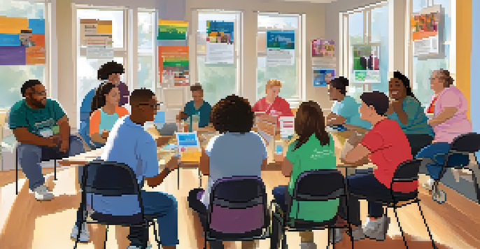 A diverse group of individuals with disabilities participating in a community workshop, discussing disability rights in a bright and welcoming environment.