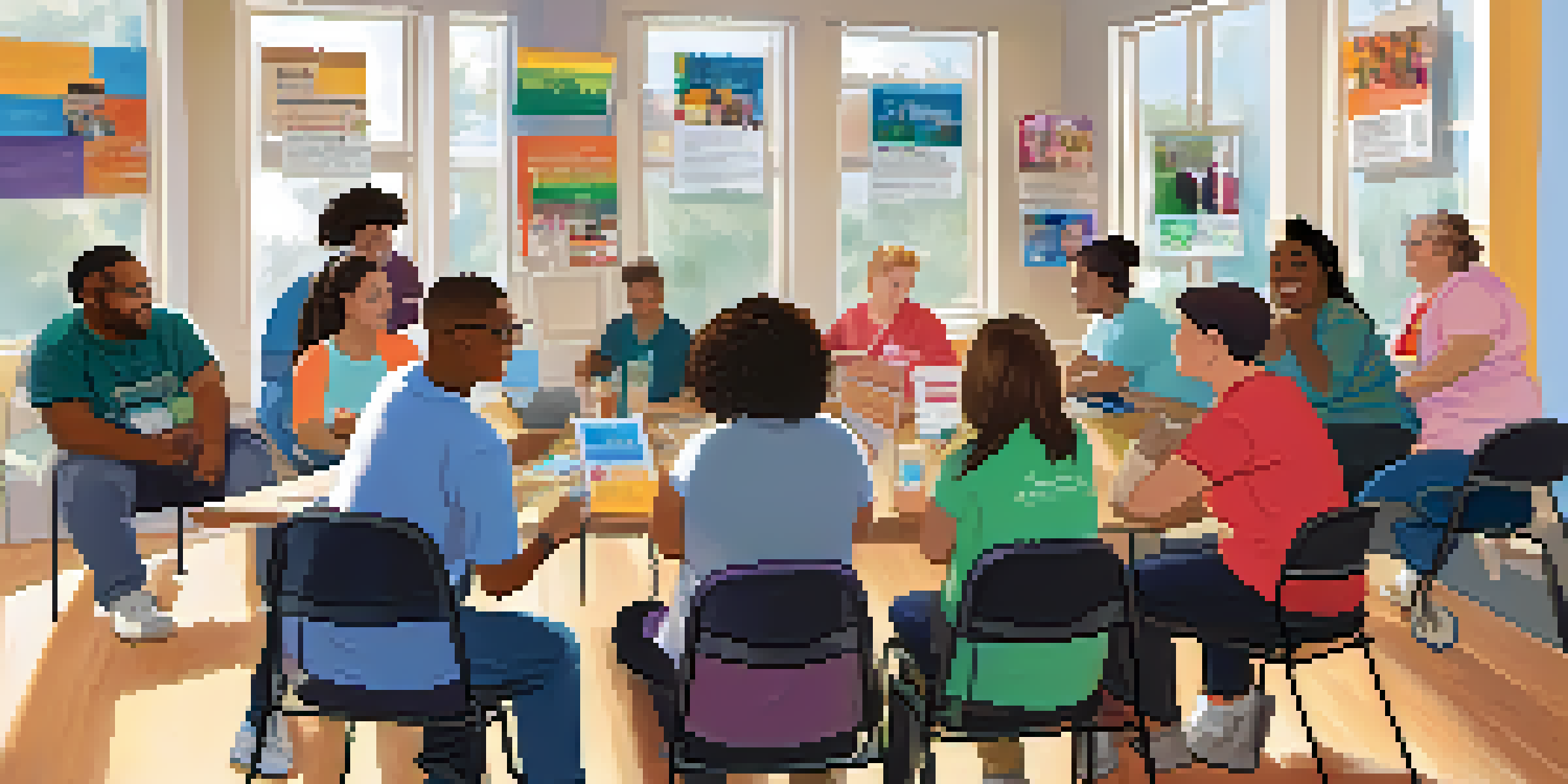 A diverse group of individuals with disabilities participating in a community workshop, discussing disability rights in a bright and welcoming environment.