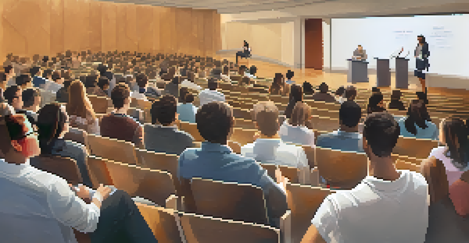 An alumni mentorship event at a university, with an alumni speaker addressing students in an auditorium.