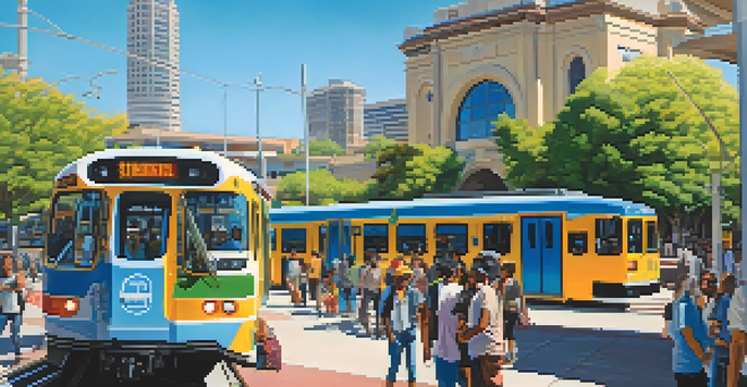 A lively public transportation hub in San Jose with a variety of commuters, colorful murals, and greenery under a clear blue sky.