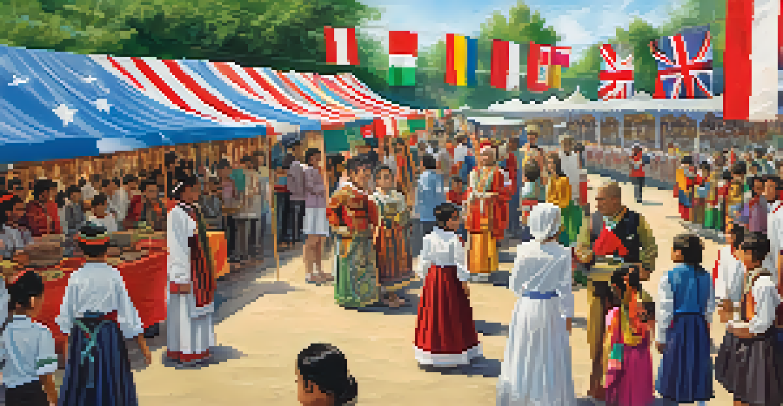 A lively cultural fair at a school with booths displaying different countries' cultures, featuring decorations, traditional attire, and smiling families.