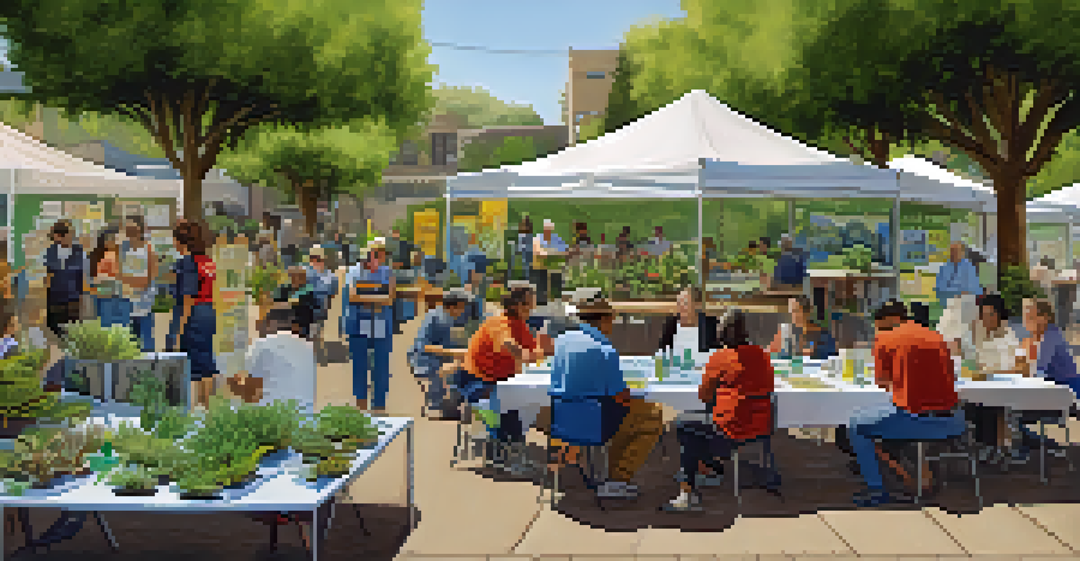 Residents participating in a water conservation workshop in an outdoor setting with informational tables and banners.