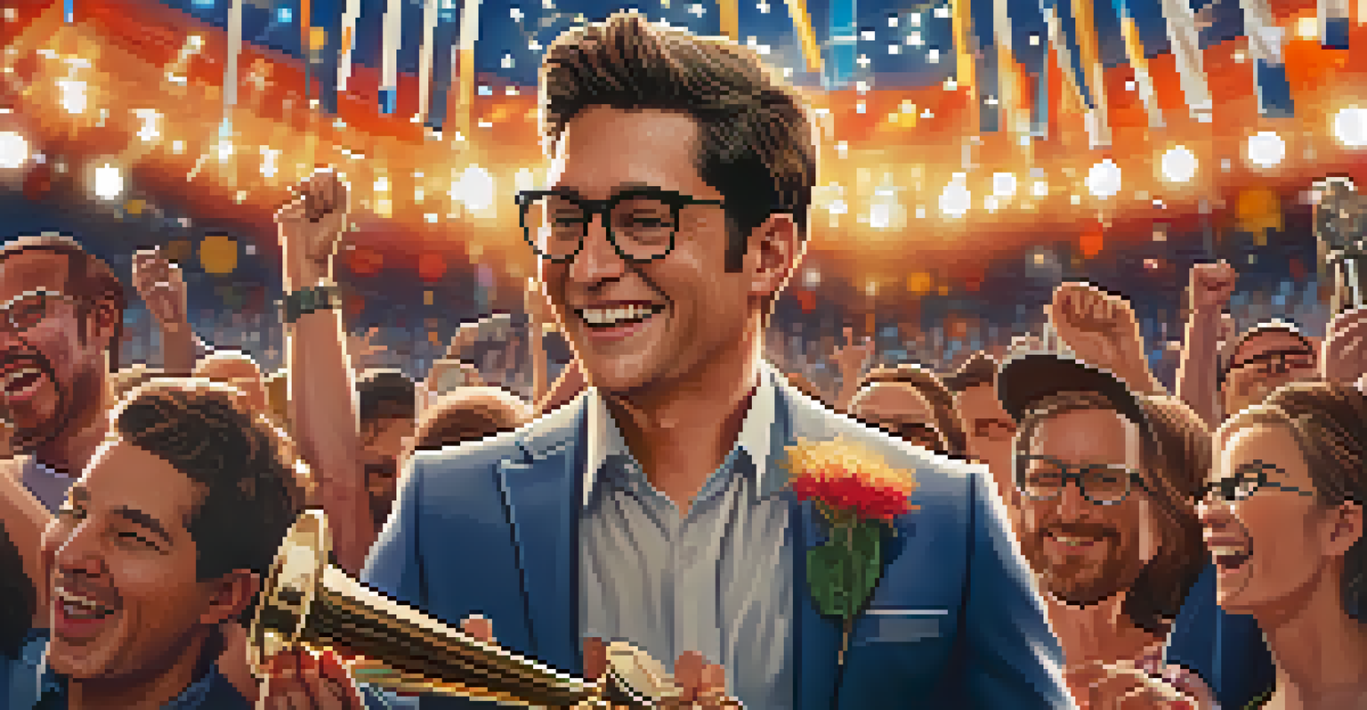 A filmmaker proudly holding a film award trophy amidst festival banners and a cheering crowd.