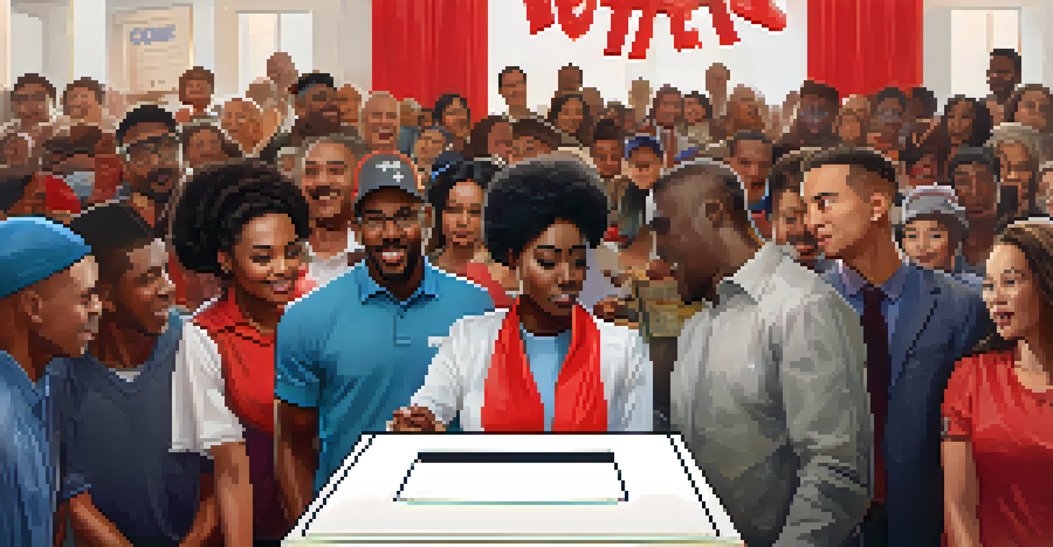 A close-up of a ballot box at a voting station with diverse voters in the background, emphasizing civic engagement.