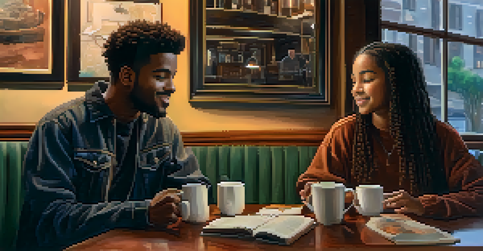 A mentor and teenage mentee in a coffee shop, engaged in conversation over cups of coffee, with a book on the table.