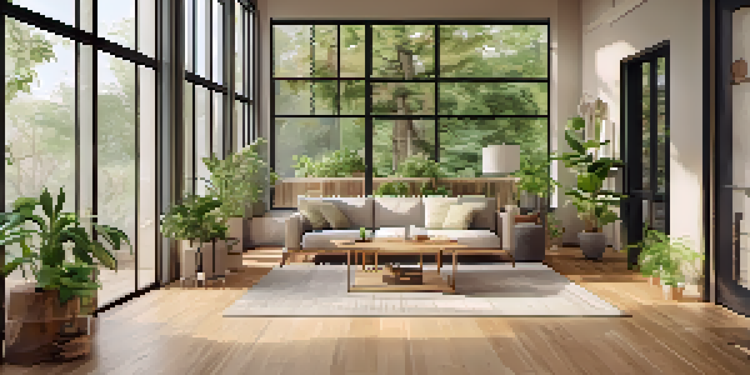 An interior room designed with sustainable materials, displaying bamboo flooring, natural light from large windows, and various indoor plants.