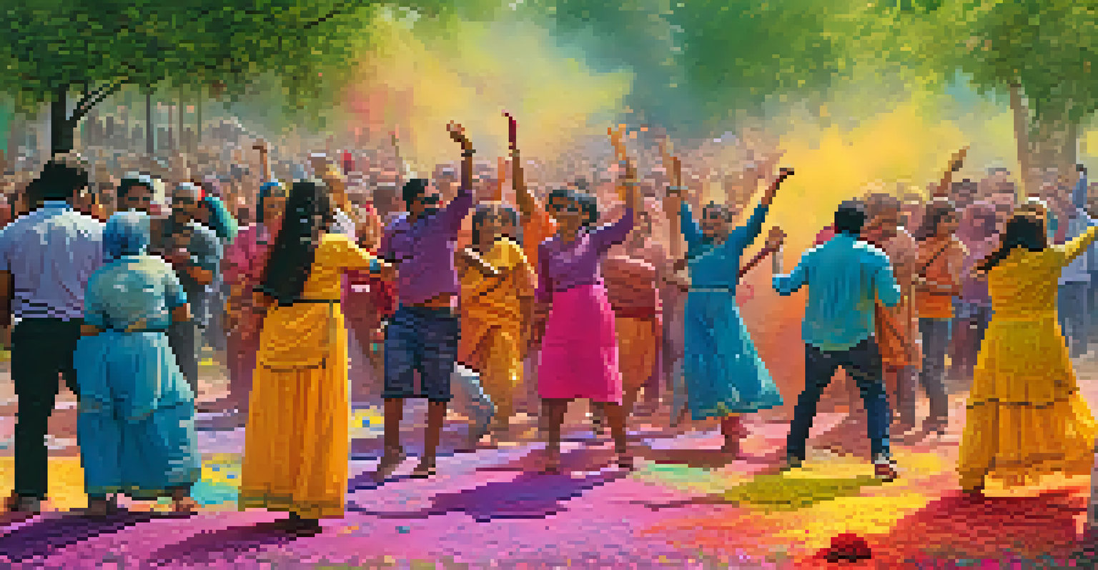 A joyful Holi festival scene with people throwing colored powders in a park, surrounded by blooming flowers and trees.