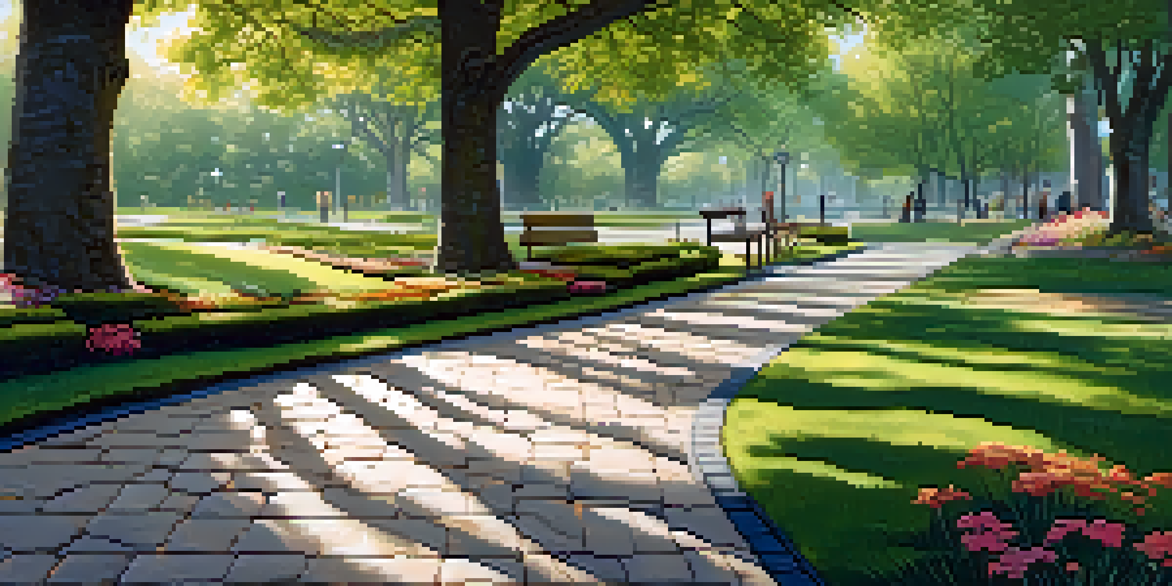 A peaceful park with a tactile pathway made of textured stones surrounded by green grass and colorful flowers, leading to a wooden bench under an oak tree with sunlight filtering through the leaves.