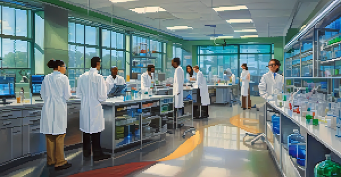A biotechnology lab with diverse scientists working together, surrounded by advanced equipment and colorful reagents.