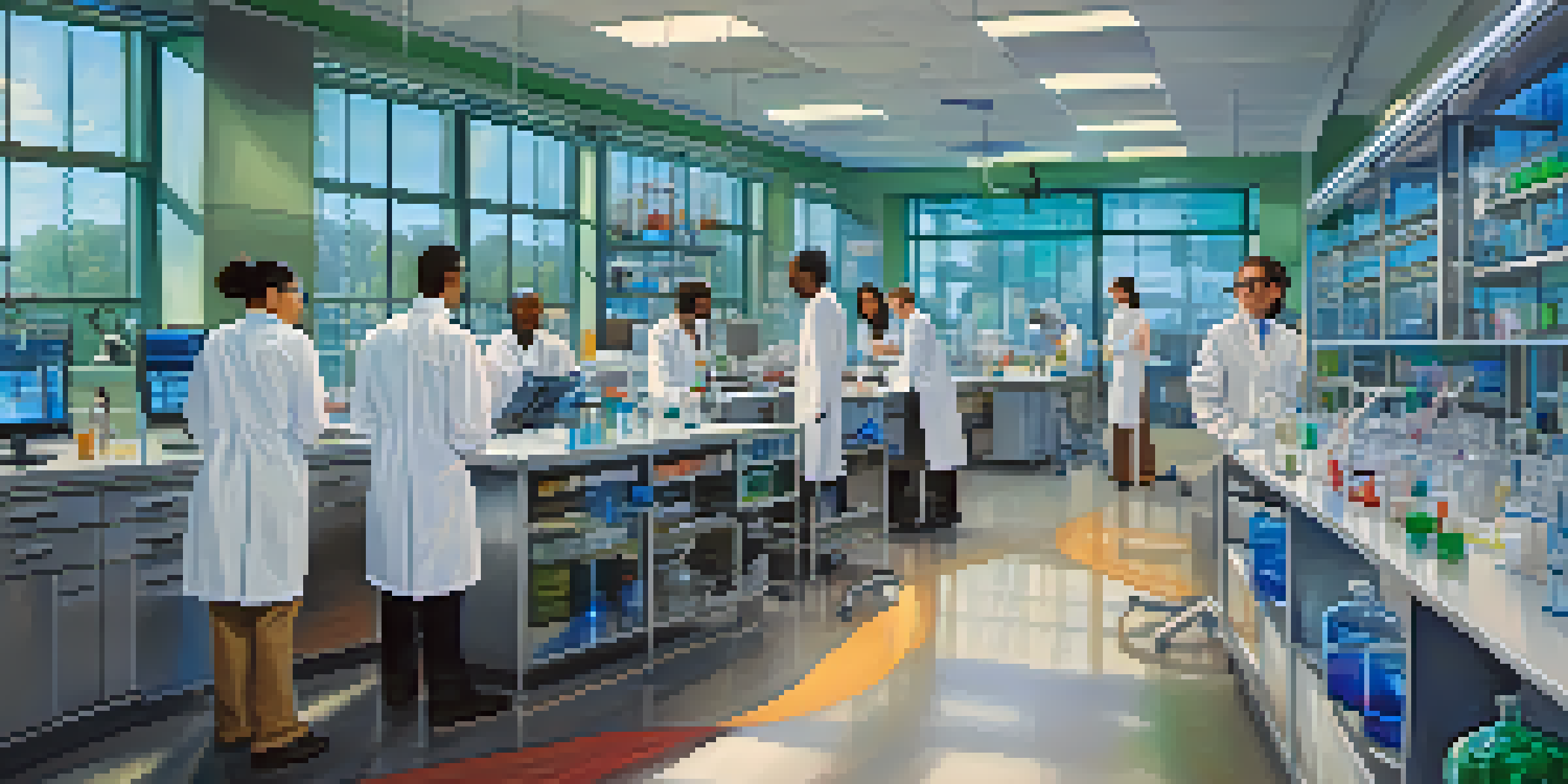 A biotechnology lab with diverse scientists working together, surrounded by advanced equipment and colorful reagents.
