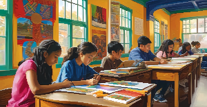 A classroom filled with diverse students working on a cultural project, surrounded by colorful cultural posters and artifacts under warm natural light.