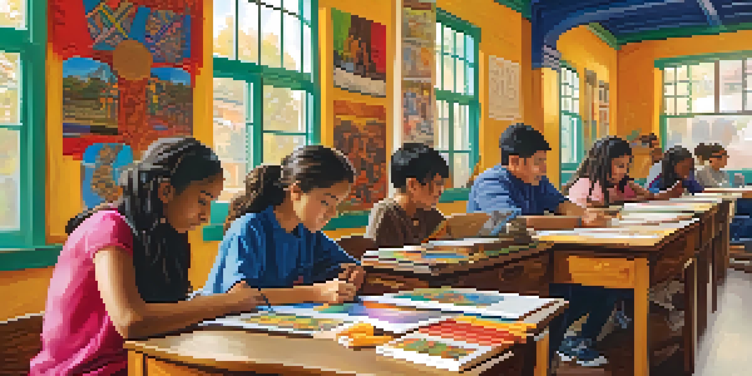A classroom filled with diverse students working on a cultural project, surrounded by colorful cultural posters and artifacts under warm natural light.