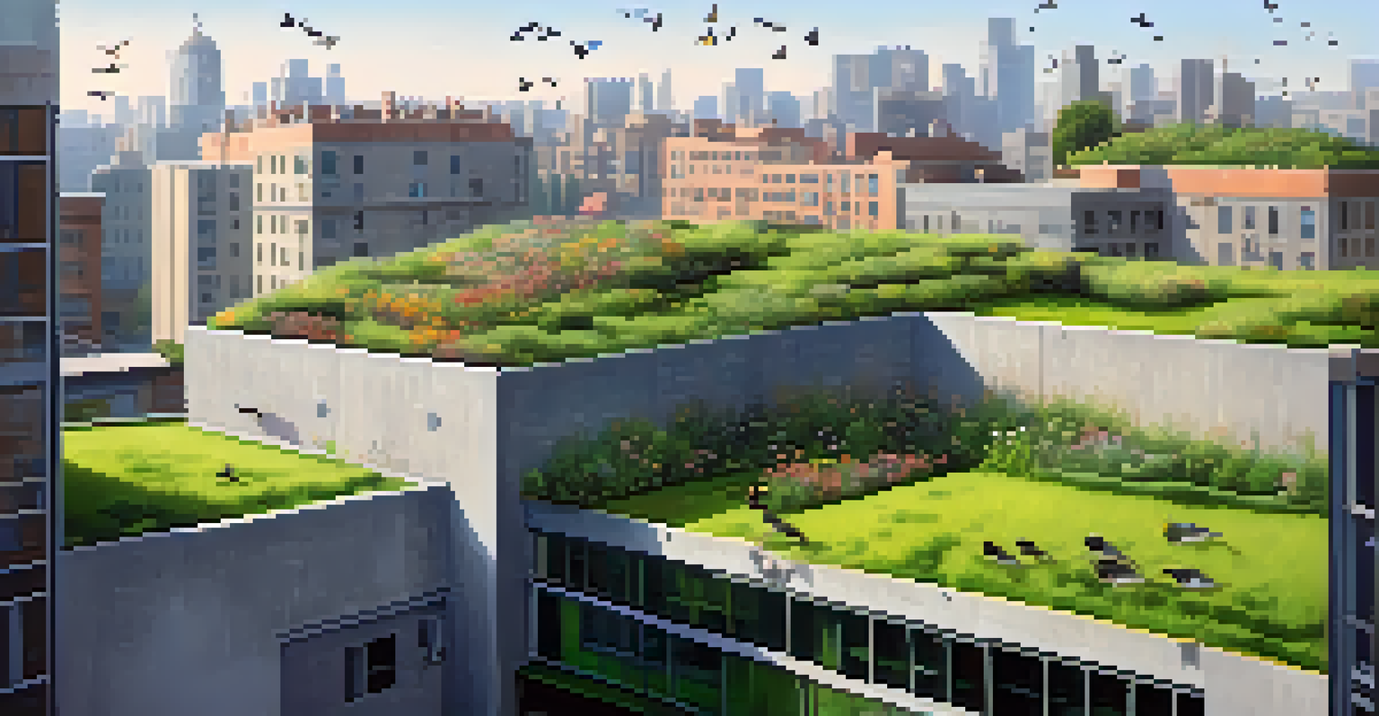 A cityscape comparing traditional grey rooftops with vibrant green roofs, featuring birds and butterflies, under warm evening light.
