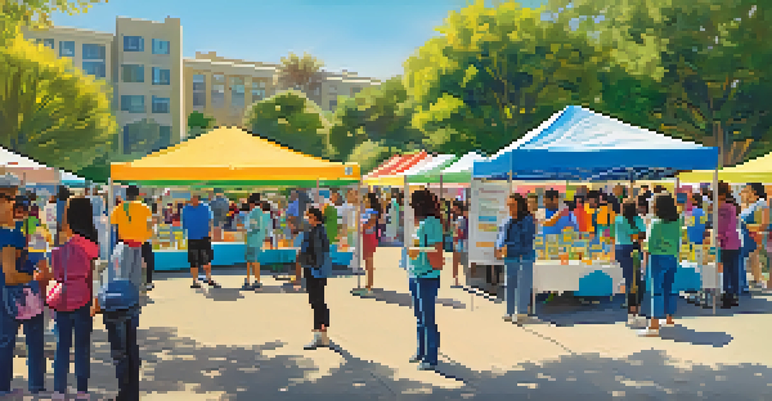 Students engaging with community members at a health fair in a park, surrounded by colorful booths and a lively atmosphere.