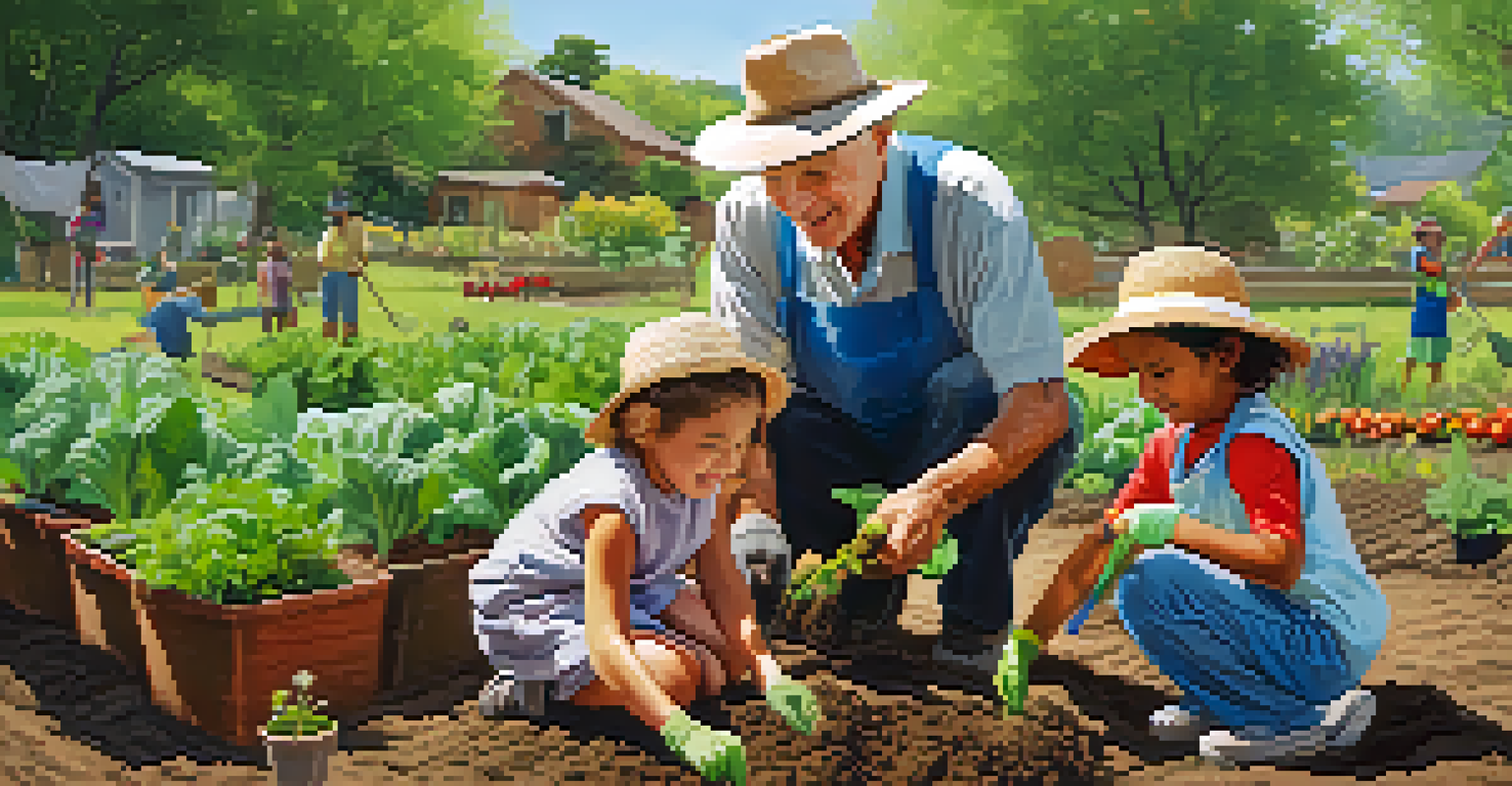 A senior man and children planting vegetables in a vibrant community garden, showcasing teamwork and learning.