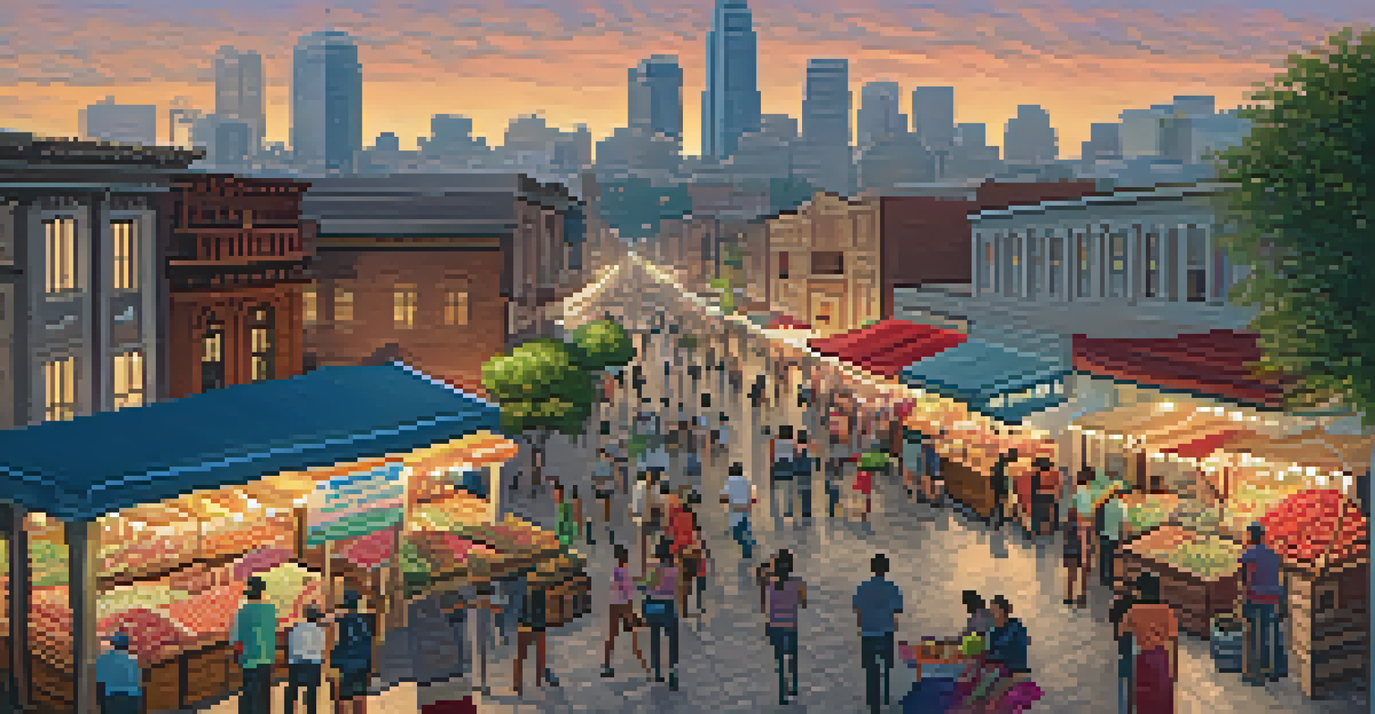 A vibrant outdoor market at San Pedro Square, showcasing colorful stalls and a mix of modern and historic buildings.