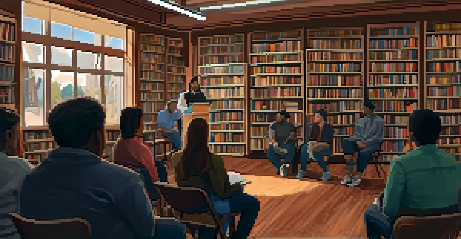A poetry slam event inside an independent bookstore with an audience gathered around a microphone stand, surrounded by books and warm lighting.