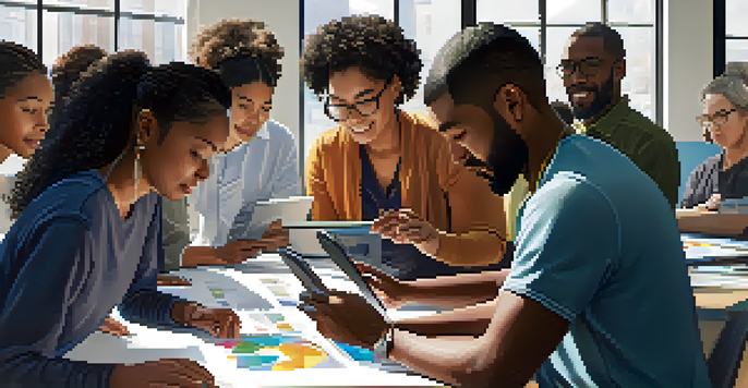 A diverse group of adults participating in a technology training workshop in a bright classroom, collaborating on projects with computers.