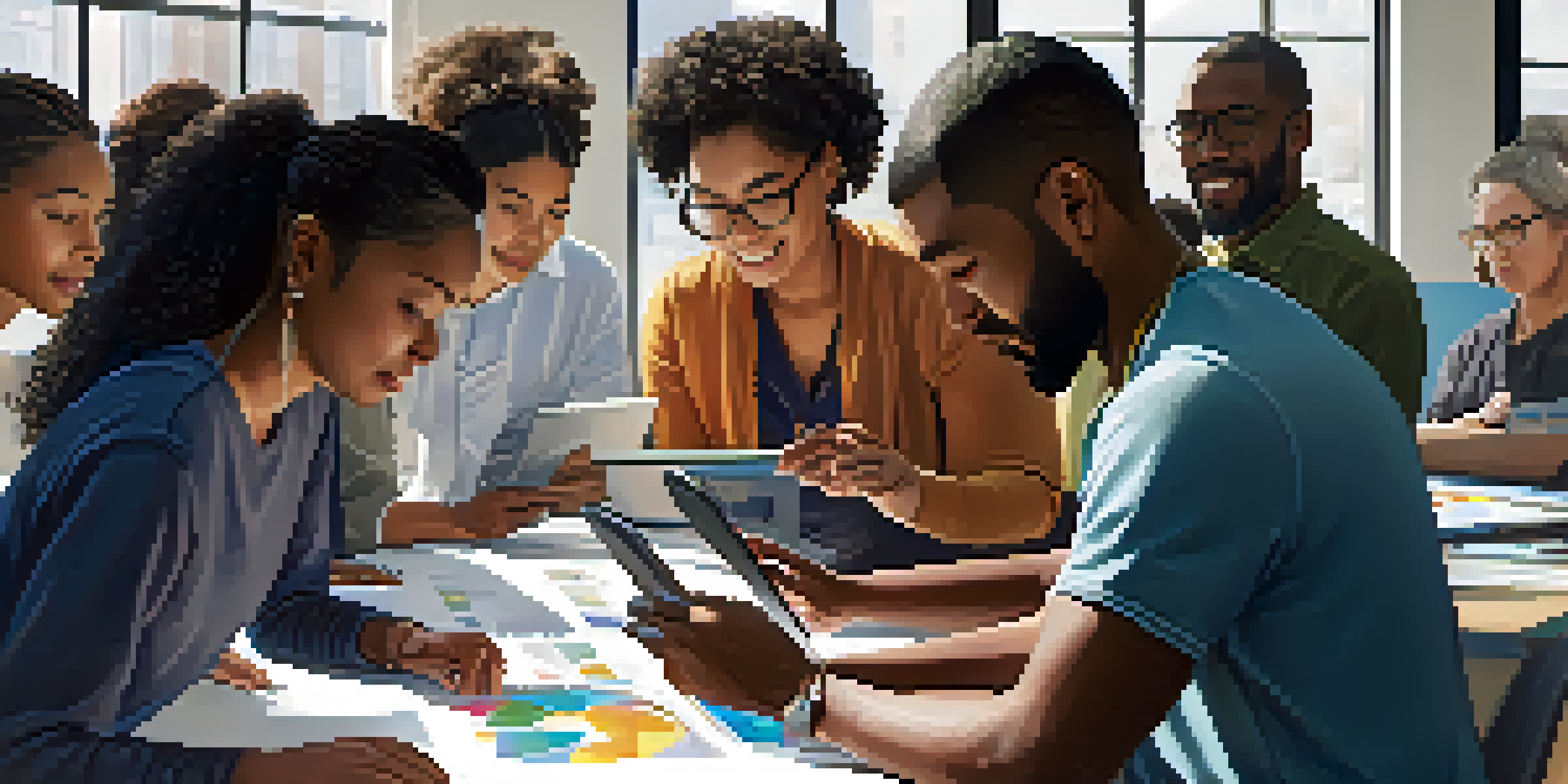 A diverse group of adults participating in a technology training workshop in a bright classroom, collaborating on projects with computers.