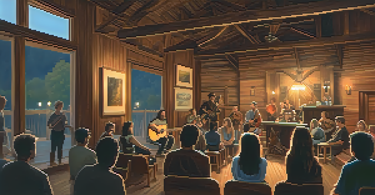 A cozy indoor music venue with a folk artist performing on stage, surrounded by an attentive audience in warm lighting.