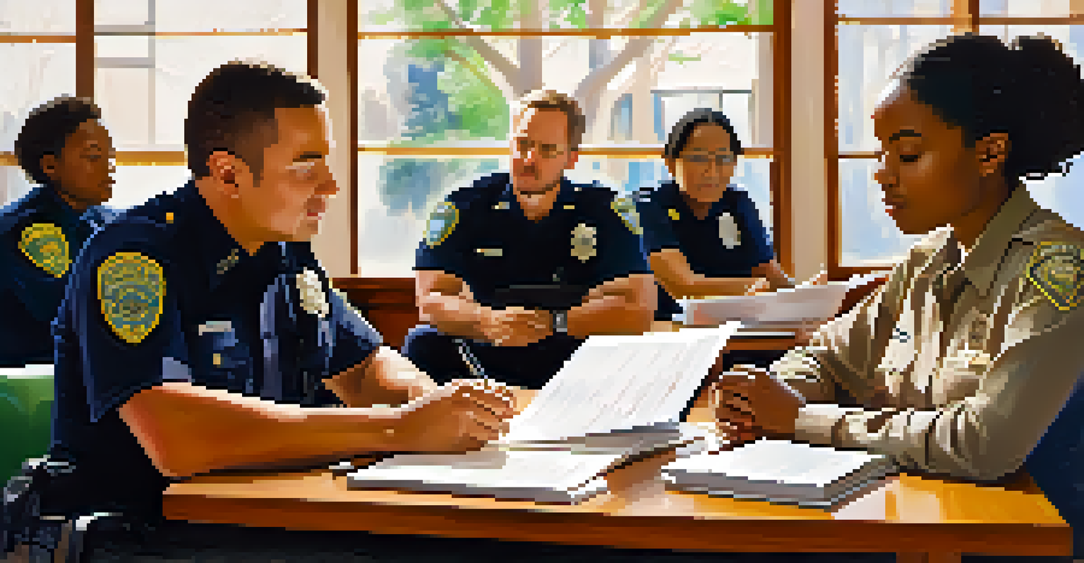 A police officer and a mental health professional working together at a table with community members in a supportive environment.