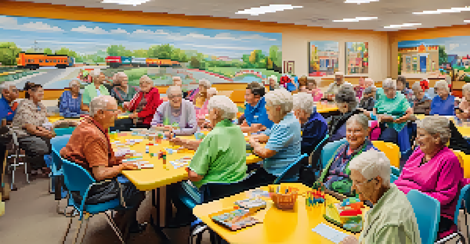 A group of seniors at a community center discussing transportation options with a volunteer, in a bright and cheerful environment.