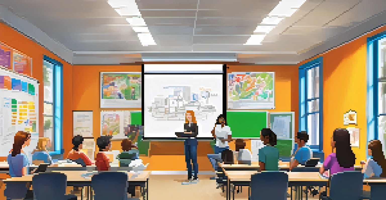 Students participating in a workshop on resume writing in a bright university classroom, with an instructor presenting on a projector.