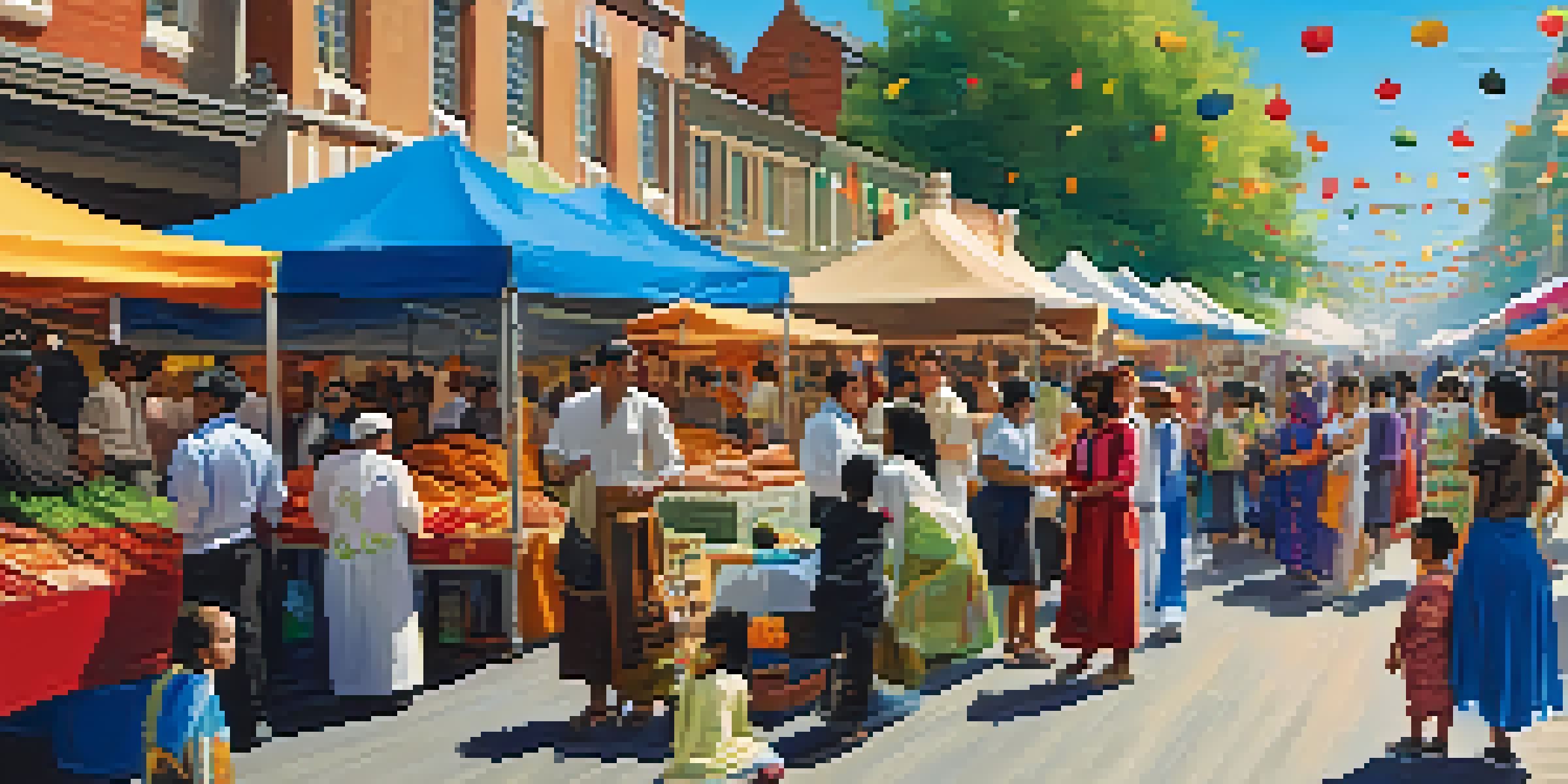A bustling street market filled with colorful stalls, showcasing traditional foods and crafts from different cultures, with a diverse crowd enjoying the festival.