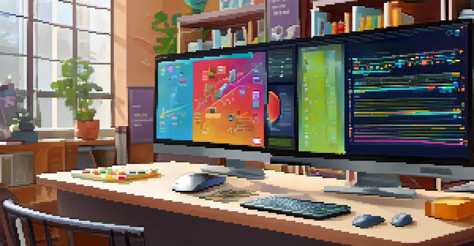 A close-up of a computer screen with an interactive STEM education platform, showing colorful graphics and a hand using the mouse.