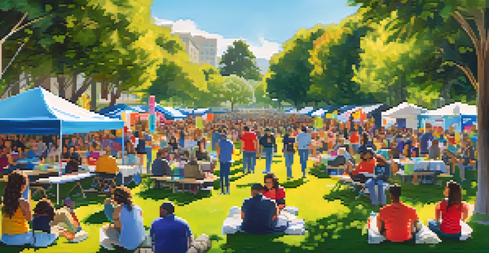 A lively outdoor community event showcasing mental health awareness, with people participating in various activities and discussions, surrounded by colorful banners and a sunny park setting.