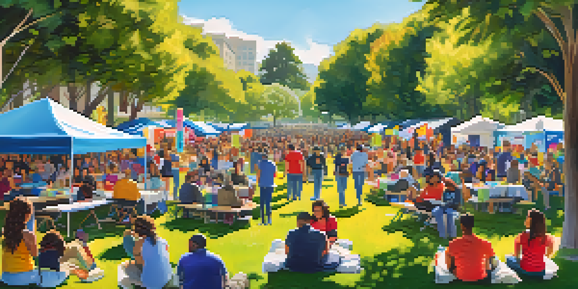 A lively outdoor community event showcasing mental health awareness, with people participating in various activities and discussions, surrounded by colorful banners and a sunny park setting.