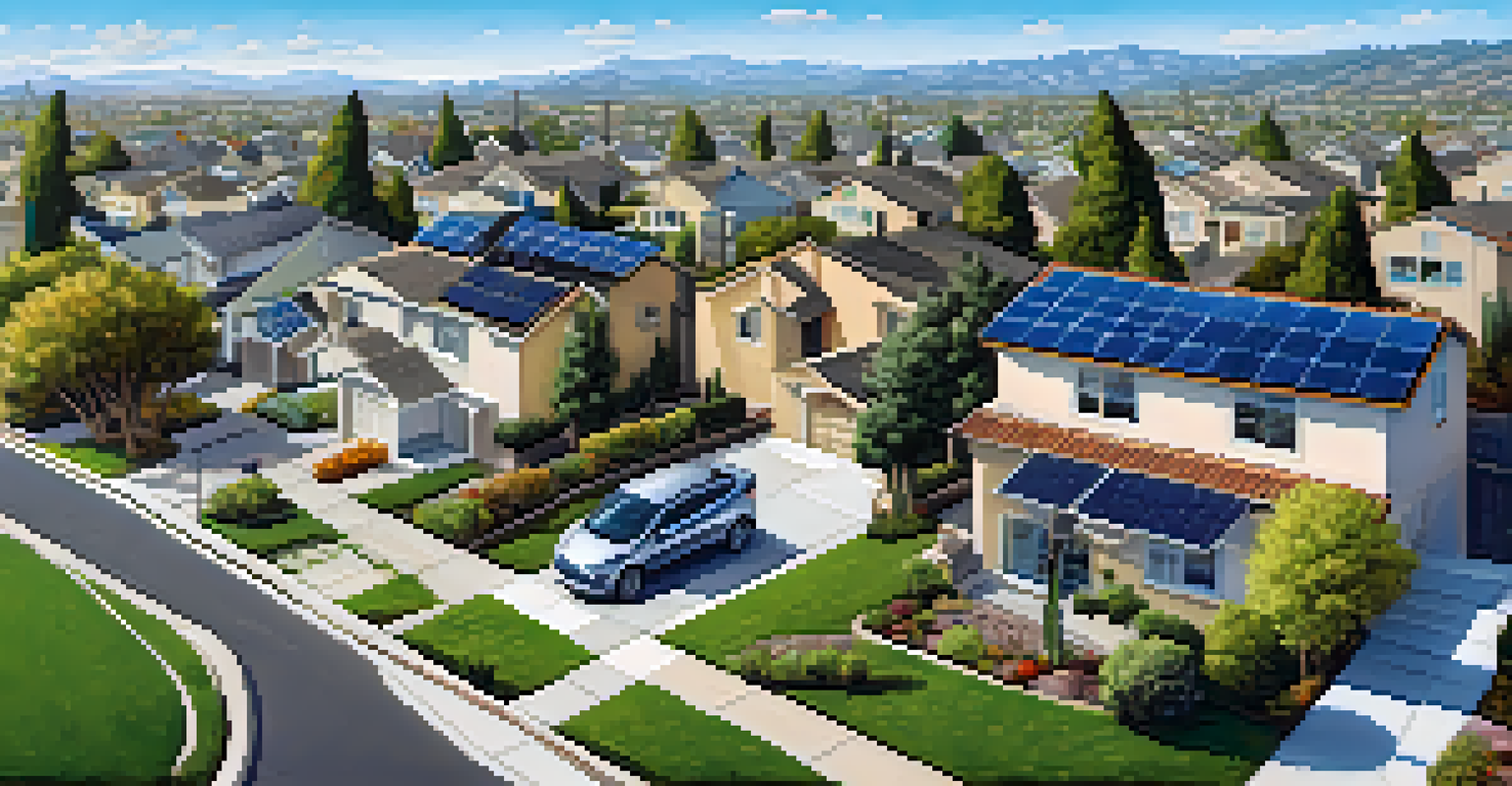 An aerial view of homes in San Jose with solar panels and electric vehicle charging stations, surrounded by greenery and blue sky.