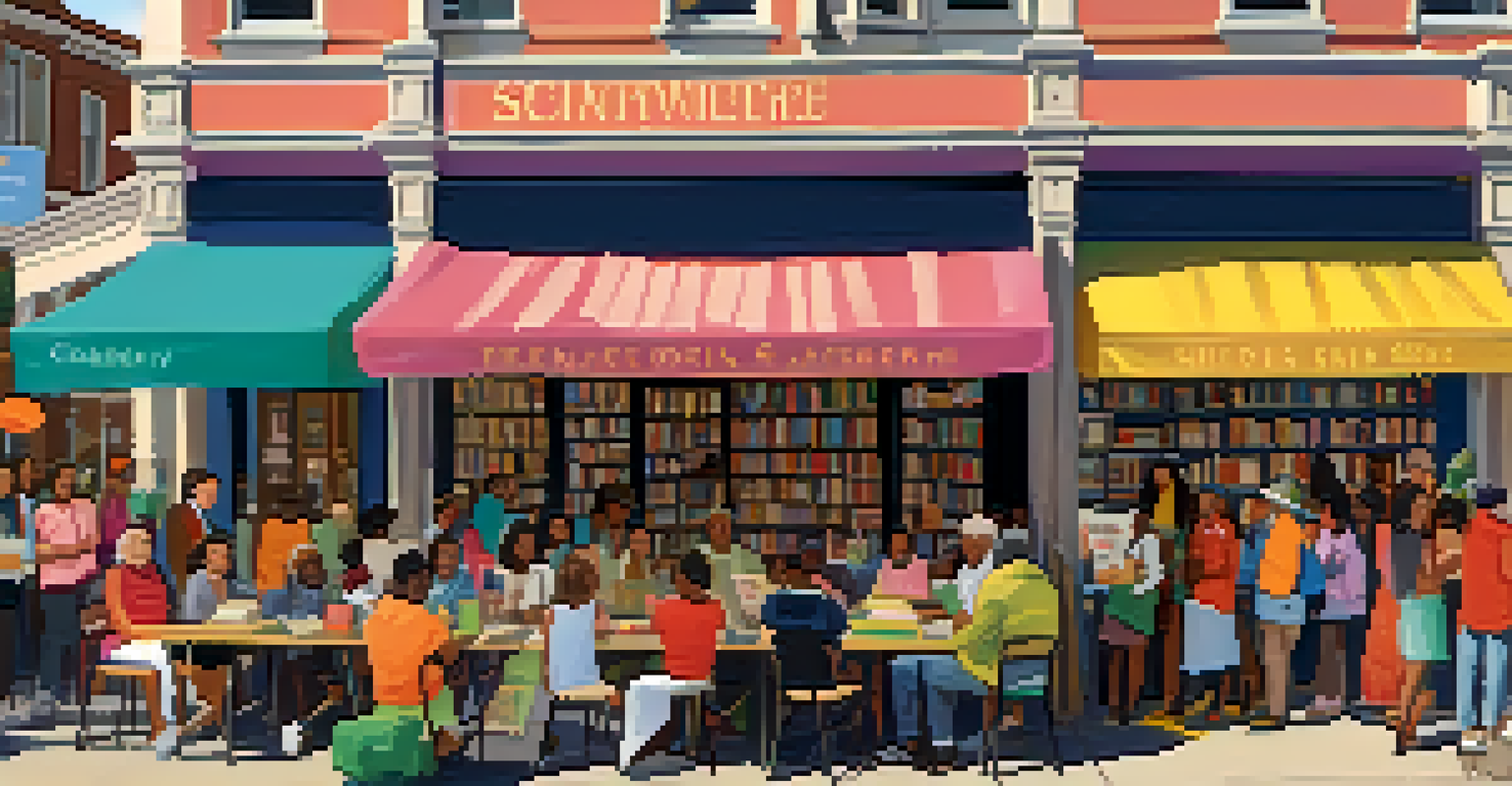 A lively outdoor event at an independent bookstore with a local author signing, diverse attendees, and a storytelling session for children.
