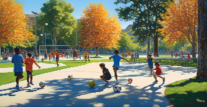 A lively park scene in San Jose with children playing soccer, surrounded by trees and sunlight.