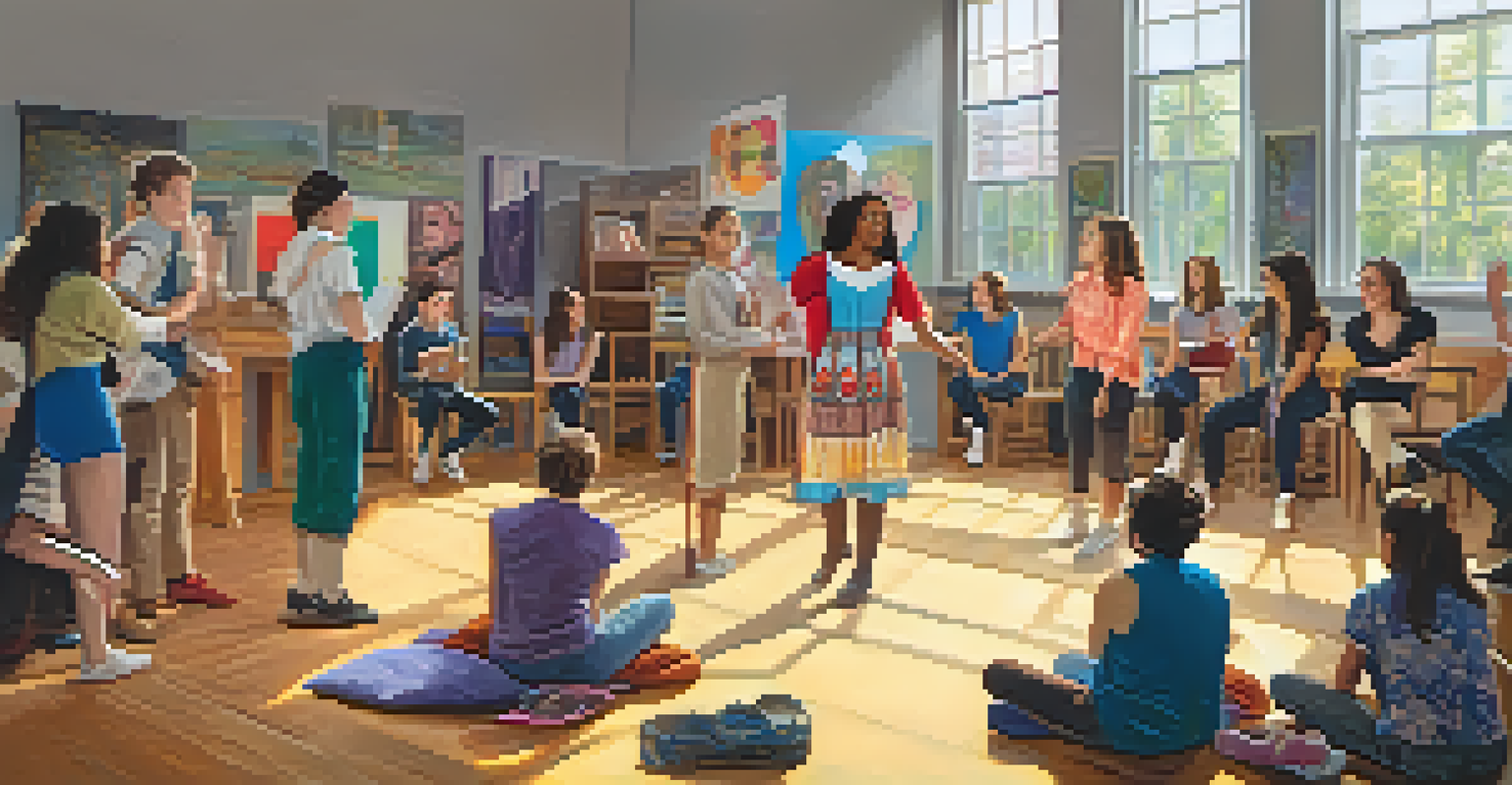 Students participating in a lively community theater workshop with colorful props and natural light.