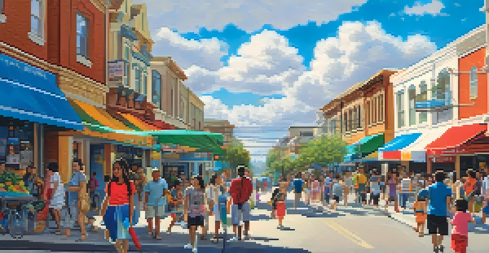 A lively street scene in San Jose with diverse families, modern buildings, and children playing under a blue sky.