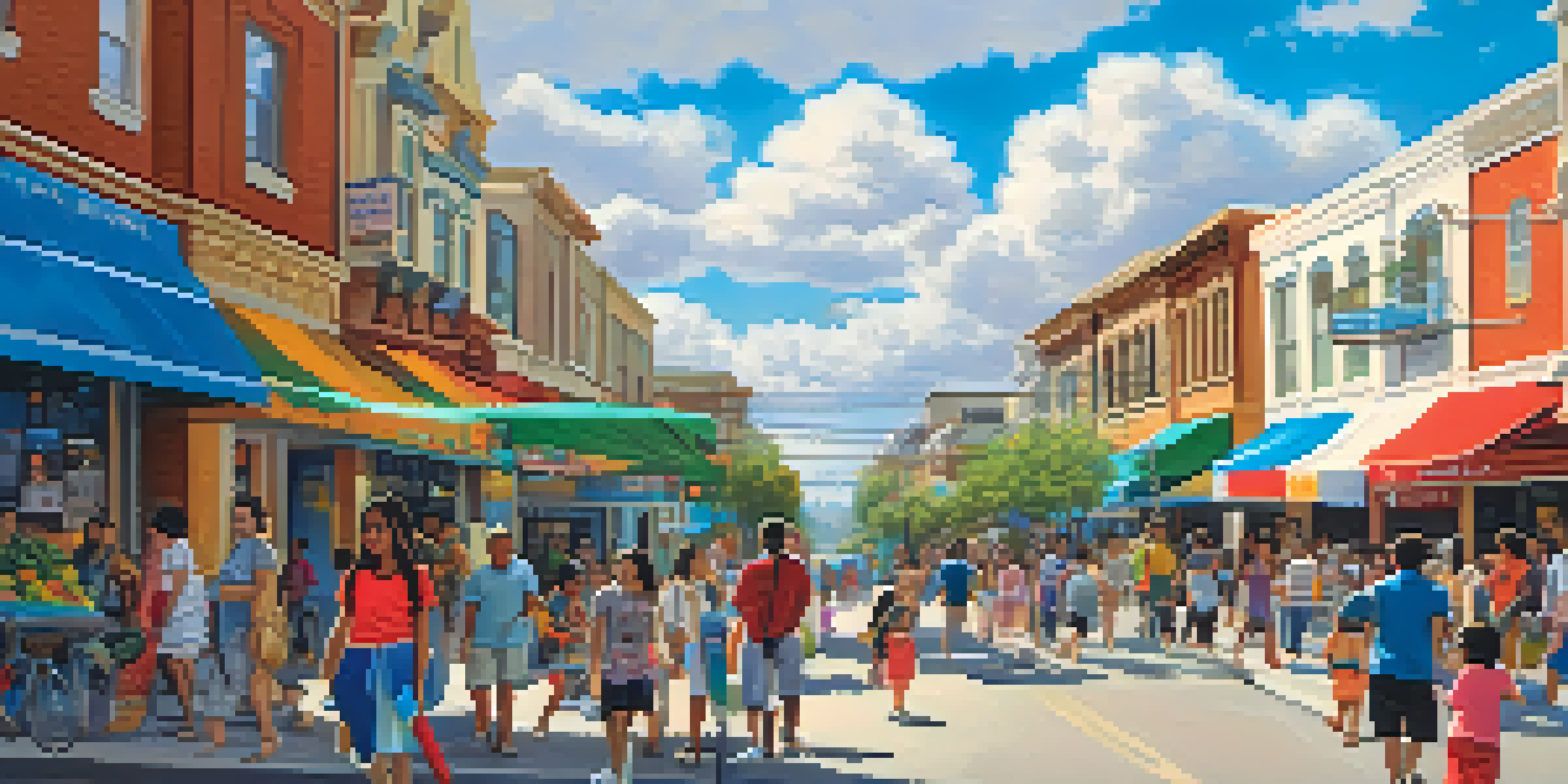 A lively street scene in San Jose with diverse families, modern buildings, and children playing under a blue sky.