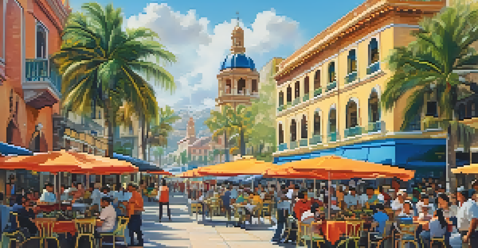 A lively San Pedro Square filled with people dining and shopping, surrounded by charming historic buildings.