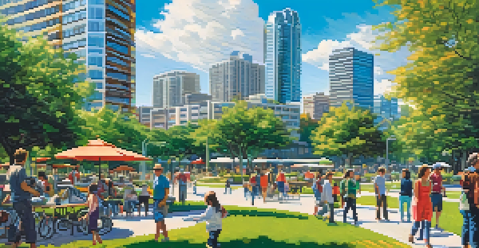 A city view of San Jose with skyscrapers and green parks, featuring people enjoying outdoor activities.