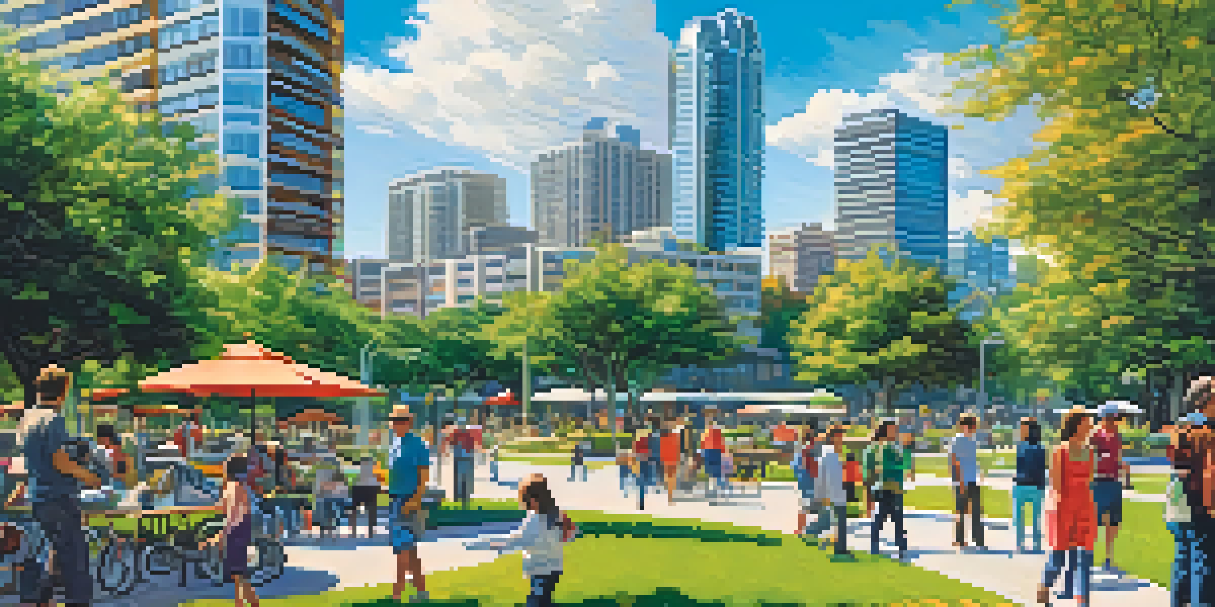 A city view of San Jose with skyscrapers and green parks, featuring people enjoying outdoor activities.